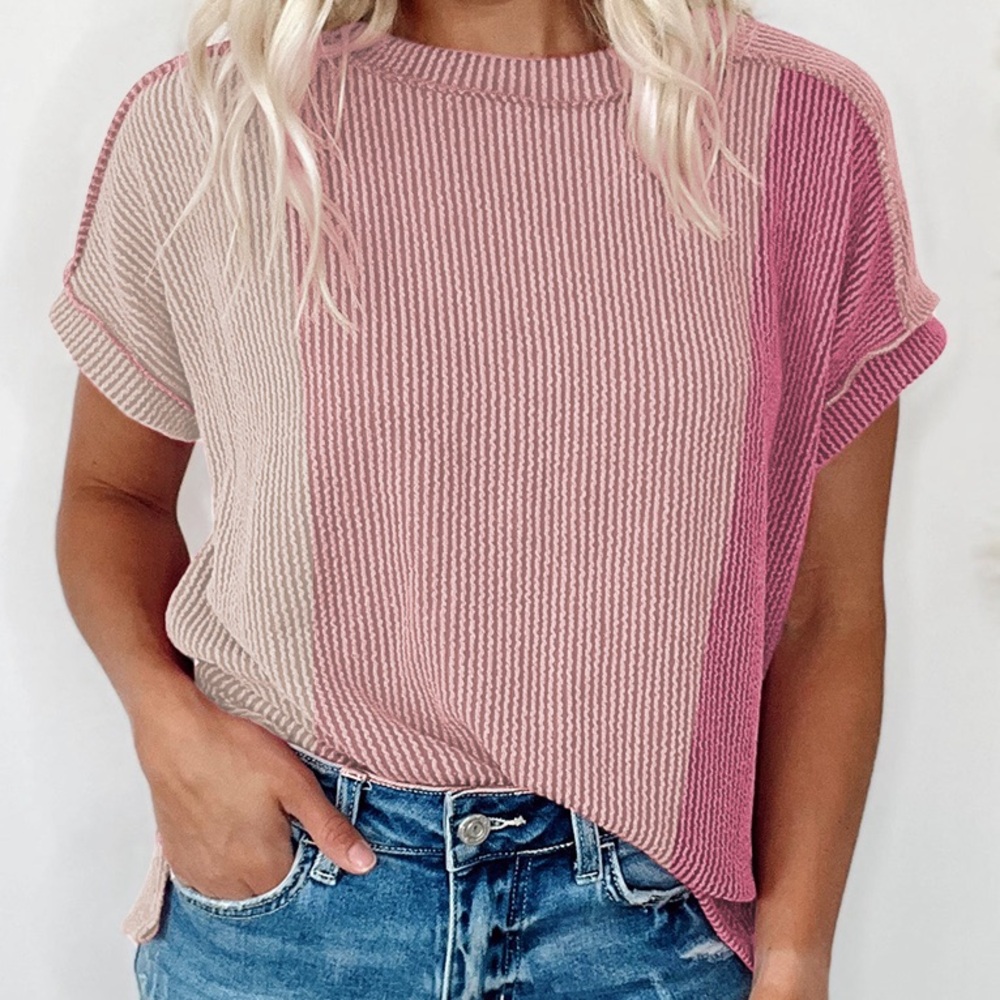 Pink Textured Colorblock Crew Neck‎ T Shirt